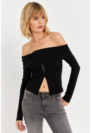 Kadın Siyah Madonna Yaka Yırtmaçlı Crop Bluz ELT4034