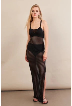 Kadın Siyah Maxi Tül Plaj Elbisesi DCF051