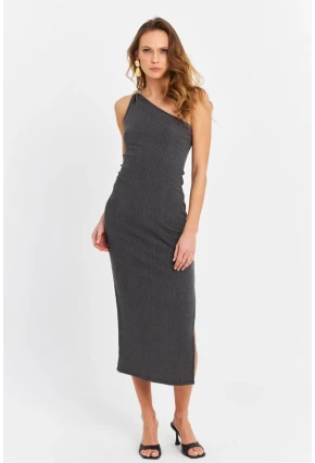 Kadın Siyah Omuz Aksesuarlı Kolsuz Midi Elbise MOD2400