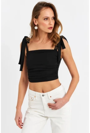 Kadın Siyah Omuz Bağlamalı Crop Bluz B5023-90