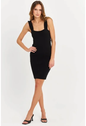 Kadın Siyah Omuz Bantlı Kaşkorse Mini Elbise URO203