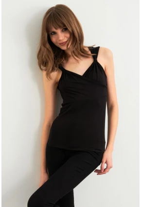 Kadın Siyah Omuz Büzgülü Kruvaze Bluz EY3039