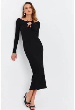 Kadın Siyah Önü Pencereli Midi  Elbise ZH09