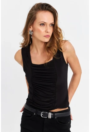 Kadın Siyah Pilili Bluz ELT165