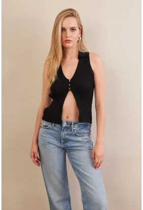 Kadın Siyah Polo Yaka Yumoş Yelek ZH050
