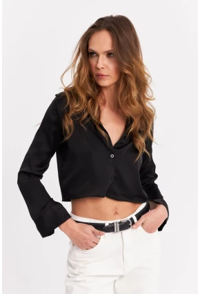 Kadın Siyah Saten Crop Gömlek ELT8052