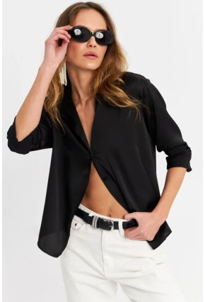 Kadın Siyah Saten Gömlek ELT8051