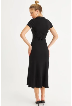 Kadın Siyah Sırt Bağlamalı Kaşkorse Midi Elbise MFRY0001