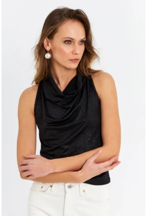 Kadın Siyah Sırt Pencereli Desenli Bluz LPP1021