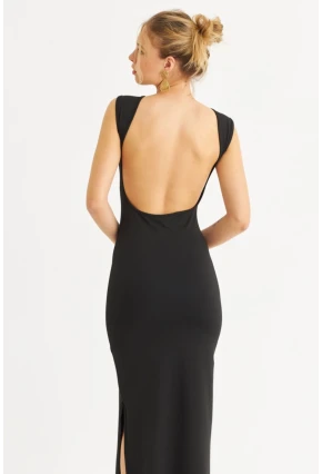 Kadın Siyah Sırtı Açık Midi Elbise YEL221672