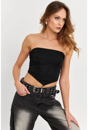 Kadın Siyah Straplez Crop Bluz B6081