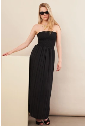 Kadın Siyah Straplez Yaka Midi Elbise MSİ100