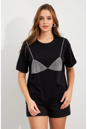 Kadın Siyah Straslı Oversize T-Shirt TPG13