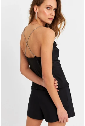 Kadın Siyah Taş Askılı Bluz ELT1056