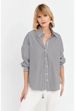 Kadın Siyah Taş Detaylı Çizgili Gömlek KED4088