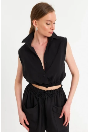 Kadın Siyah Taş Detaylı Crop Gömlek SUN200