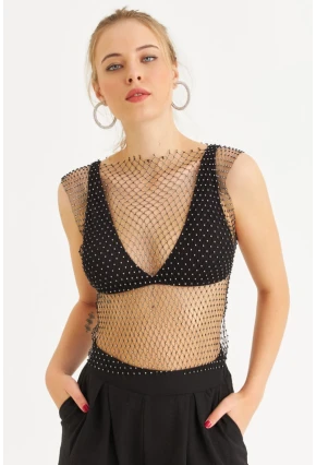 Kadın Siyah Taşlı File Bluz YEL221465