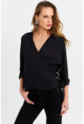 Kadın Siyah Tokalı Kruvaze Gömlek MRS15744