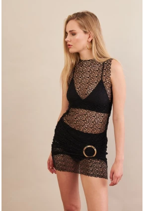 Kadın Siyah Tokalı Mini Dantel Plaj Elbisesi DCF052