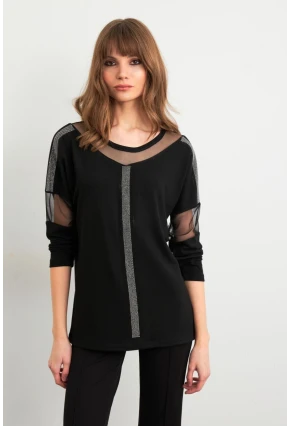 Kadın Siyah Tül Detaylı Taşlı Bluz PRO4050