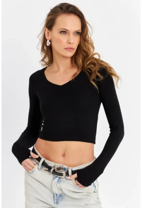 Kadın Siyah V Yaka Crop Bluz DMR389