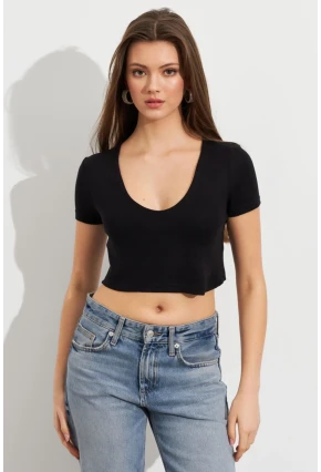 Kadın Siyah V Yaka Crop Bluz TOP101