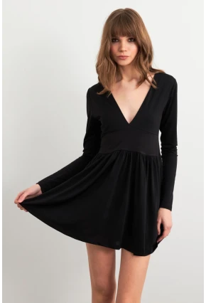 Kadın Siyah V Yaka Mini Elbise LİK17