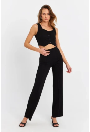 Kadın Siyah Yelekli Pantolon Takım RU9623