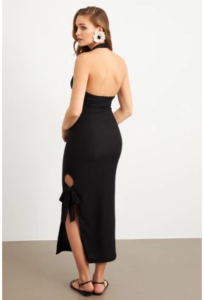 Kadın Siyah Yırtmaçlı Bürümcük Midi Elbise EY3098
