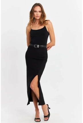 Kadın Siyah Yırtmaçlı Midi Etek MOD1854