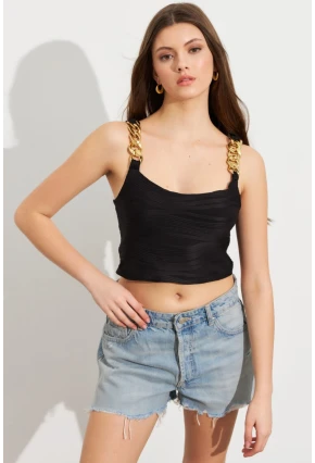 Kadın Siyah Zincir Askılı Astarlı Crop Bluz LİT109