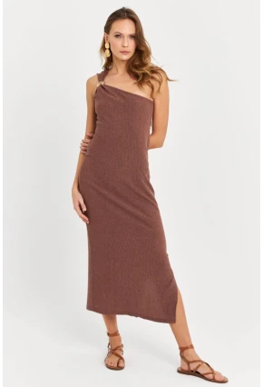 Kadın Sütlü Kahve Omuz Aksesuarlı Kolsuz Midi Elbise MOD2400