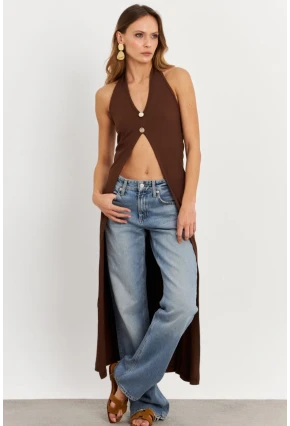 Kadın Taba Düğme Detaylı Uzun Yelek EY3048