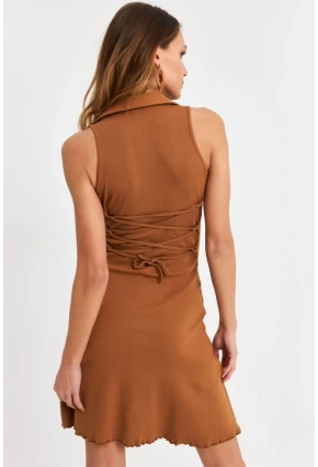 Kadın Tarçın Bağlama  Detaylı Kaşkorse Mini Elbise FRY2271