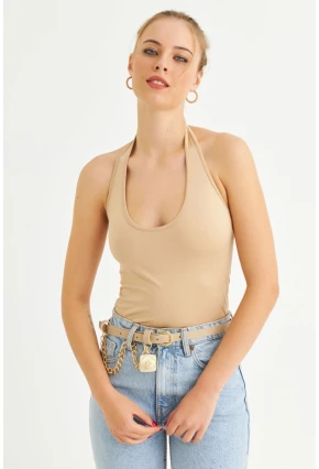 Kadın Taş Boyun Askılı Crop Bluz TF69