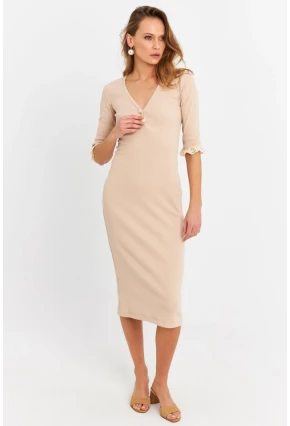 Kadın Taş Kolları Dantel Detaylı Kaşkorse Midi Elbise EY2955