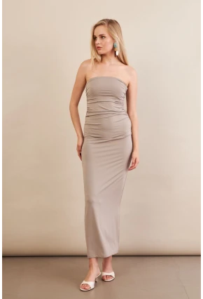 Kadın Taş Straplez Büzgülü Midi Elbise MX2005