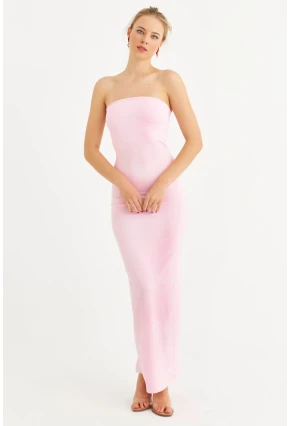Kadın Toz Pembe Straplez Yırtmaçlı Midi Elbise XC005
