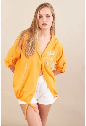 Kadın Turuncu Baskılı Kapüşonlu Gömlek MPC308
