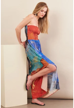 Kadın Turuncu-Mavi Straplez Pilise Uzun Elbise MSİ100