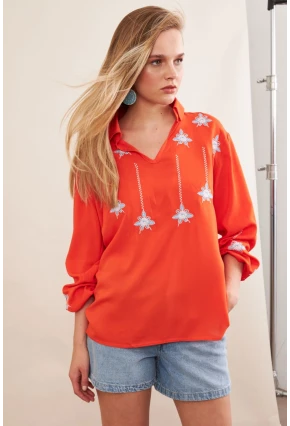 Kadın Turuncu Nakışlı Bluz MPC1345