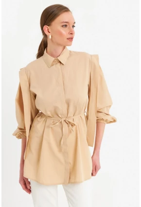 Kadın Vanilya Bağlama Detaylı Basic Gömlek MASF185