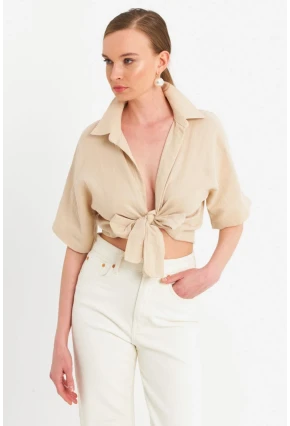 Kadın Vanilya Bağlamalı Keten Bluz BTH16