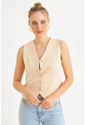 Kadın Vanilya Düğme Detaylı Astarlı Yelek SGT410