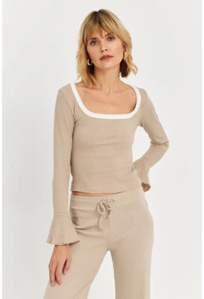 Kadın Vanilya Kontrast Yaka İspanyol Kol Bluz ALB3105