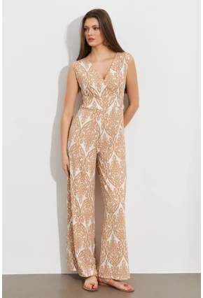 Kadın Vanilya Kruvaze Yaka Desenli Bürümcük Tulum MP430