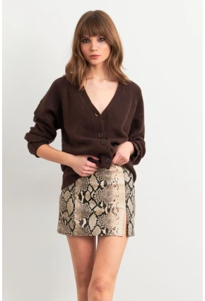 Kadın Vanilya-Siyah Suni Deri Yılan Desenli Mini Etek NH24475