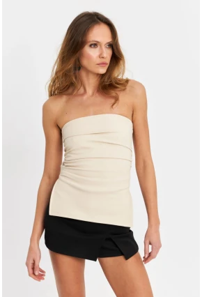 Kadın Vanilya Suni Deri Straplez Bluz SB113