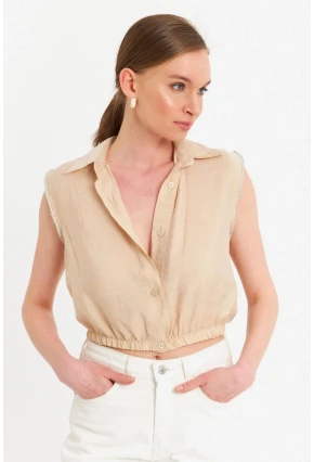 Kadın Vanilya Taş Detaylı Crop Gömlek SUN200