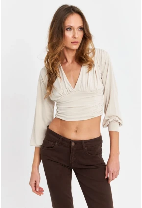 Kadın Vanilya V Yaka Büzgülü Crop Bluz SB309-90
